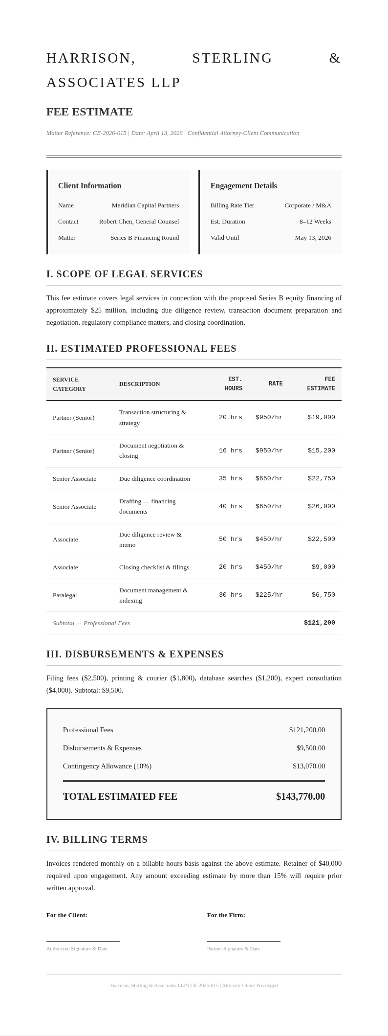 Legal professional cost estimate